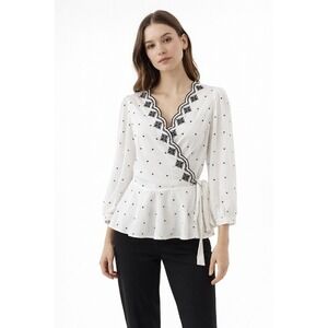 LOFT White Polka Dot Embroidered Scallop Wrap Peplum Blouse M Preppy‎ Chic 80-32